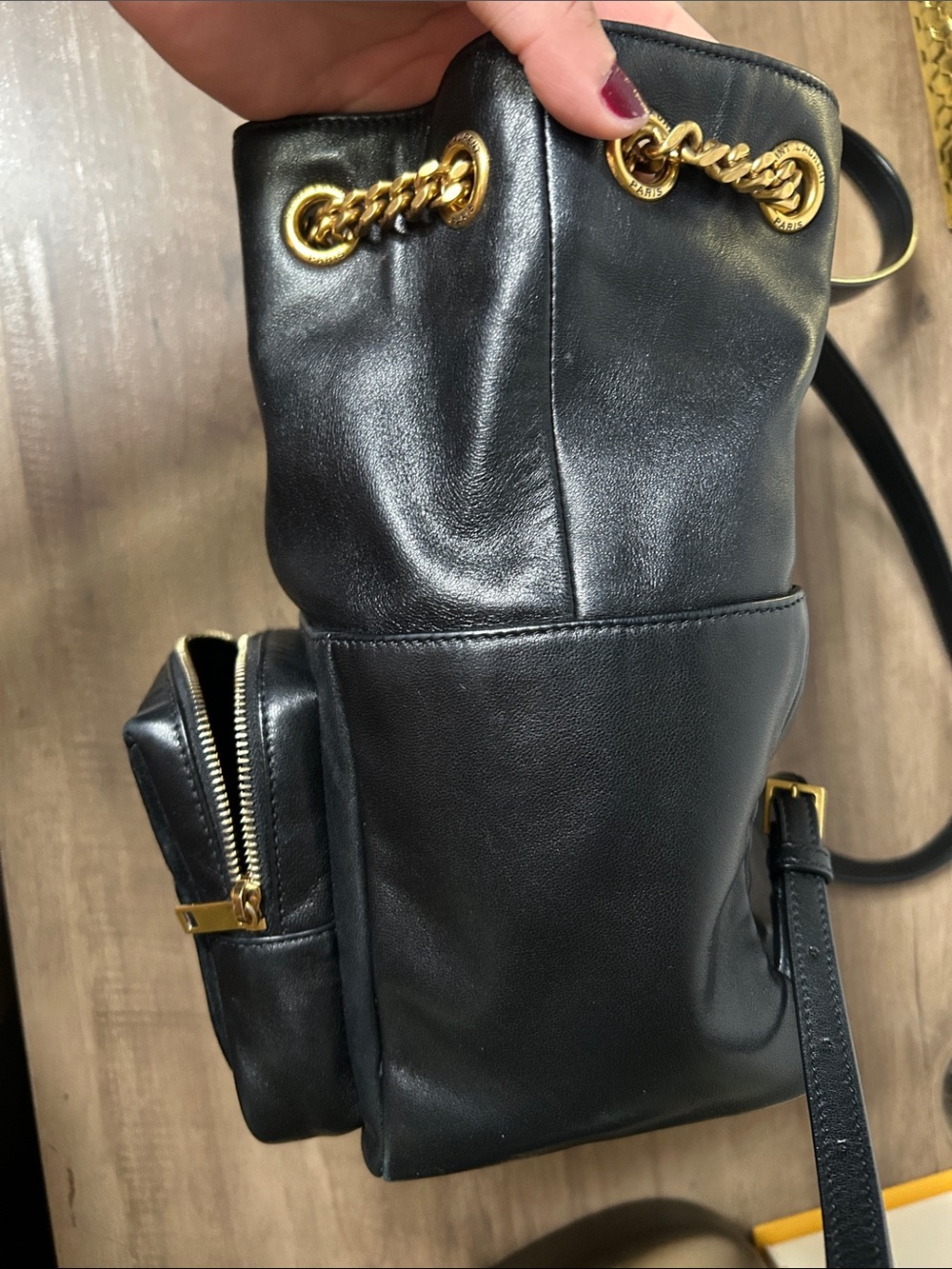 Saint Laurent Black Leather Drawstring Backpack with Gold Hardware - Picture 7 of 11